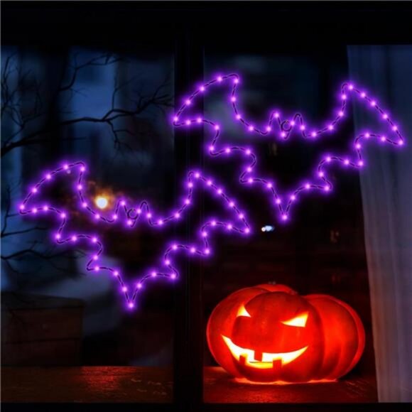 Halloween Decorations, 2 Pack Bat Window Lights, 8 Modes Battery Operated Timer - Picture 2 of 8